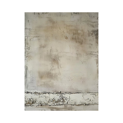 Wabi Sabi beige minimalist abstract wall art (Product ID: AURA808), presented as a clear product display shot against a blank neutral display wall. It adopts a low-saturation neutral earthy color scheme ranging from light off-white, pale gray to soft warm brown, the main surface mimics the texture of aged plaster and cement walls, with delicate brush traces, fine scratches and mottled worn details full of retro charm. A horizontal rugged distressed peeling textured strip with uneven rough surface is set at 