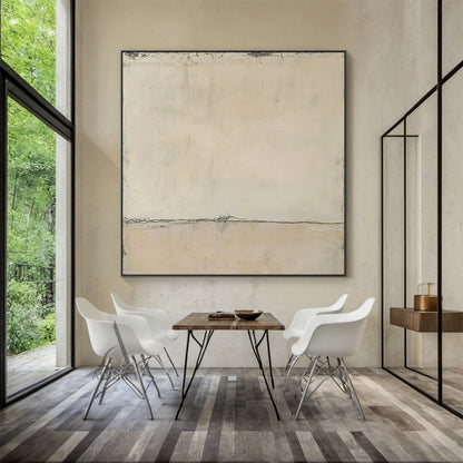 Wabi Sabi Beige Modern Organic Cracked Plaster Wall Art (AURA570) - Handcrafted with muted beige gradients (light ivory to warm tan), natural cracks, distressed patches, and a subtle horizontal line. Minimalist Wabi Sabi design ideal for Japandi living rooms, minimalist bedrooms, or sunlit offices. Tactile plaster surface celebrating imperfection and organic texture.
