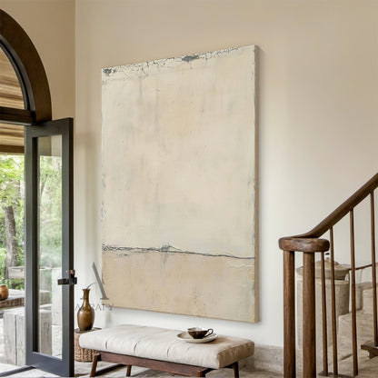 Wabi Sabi Beige Modern Organic Cracked Plaster Wall Art (AURA570) - Handcrafted with muted beige gradients (light ivory to warm tan), natural cracks, distressed patches, and a subtle horizontal line. Minimalist Wabi Sabi design ideal for modern living room sofa backdrops, Scandinavian-style bedroom headboards, or tranquil Japanese tea rooms. Tactile plaster surface embracing imperfection and organic texture.