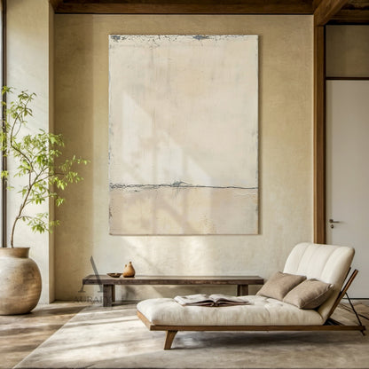 Wabi Sabi Beige Modern Organic Cracked Plaster Wall Art (AURA570) - Handcrafted with muted beige gradients (light ivory to warm tan), natural cracks, distressed patches, and a subtle horizontal line. Minimalist Wabi Sabi design ideal for modern living room sofa backdrops, Scandinavian-style bedroom headboards, or tranquil Japanese tea rooms. Tactile plaster surface embracing imperfection and organic texture.