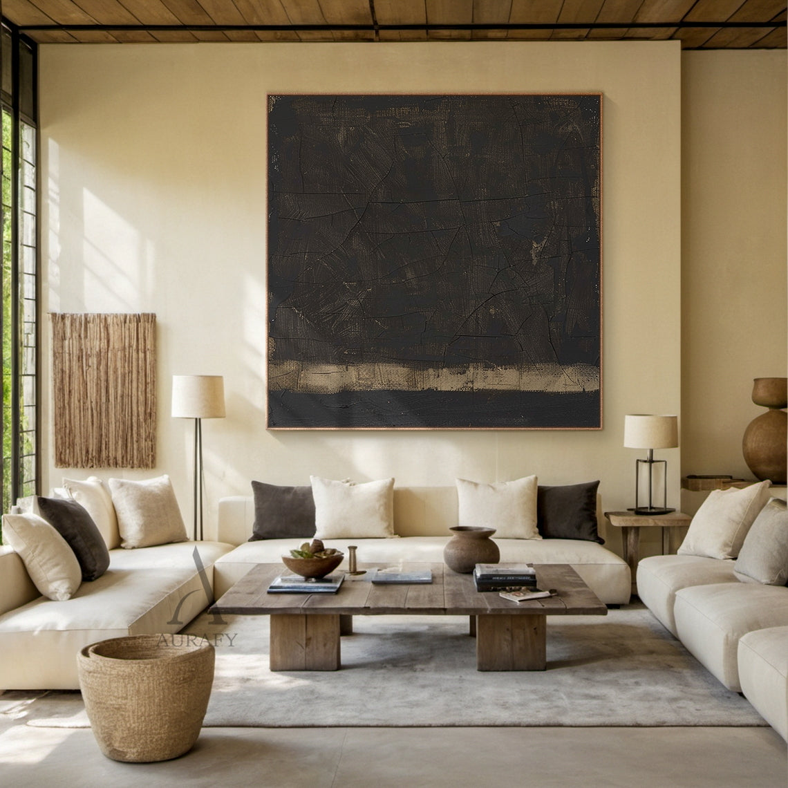 Wabi Sabi Black Abstract Cracked Textured Japandi Canvas Wall Art AURA796: Minimalist luxe neutral decor artwork with deep inky black heavy impasto main field, natural craquelure cracked texture across the full dark surface, subtle warm ochre and gilded undertones peeking through worn hand-applied brush strokes and paint gaps, a muted sand-toned horizontal anchor band at the base, raw woven canvas texture visible through paint layers for an aged, intentionally imperfect wabi-sabi finish.