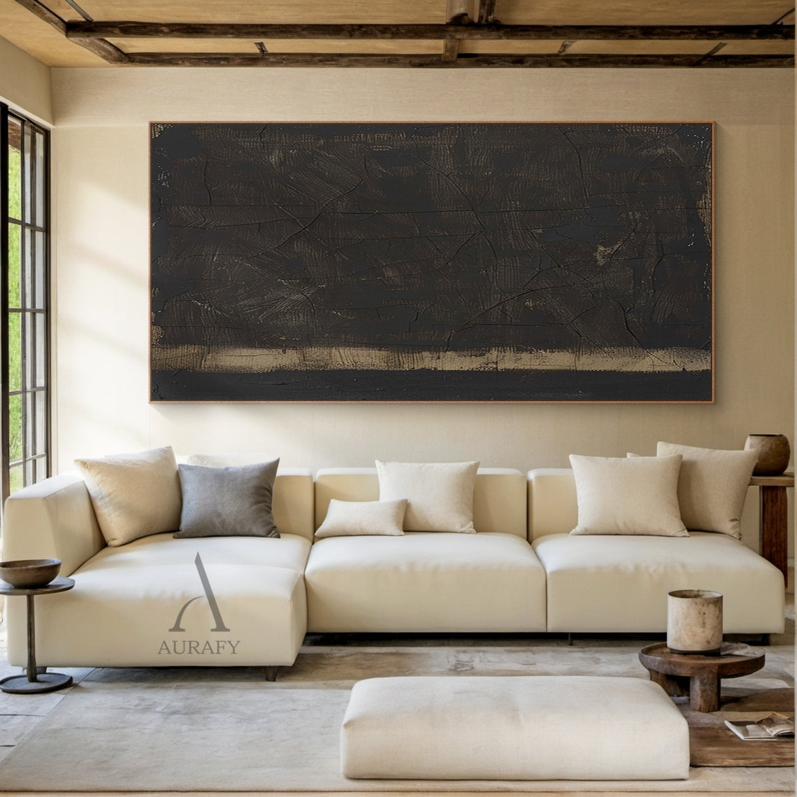 Wabi Sabi Black Abstract Cracked Textured Japandi Canvas Wall Art AURA796: Minimalist luxe neutral decor artwork with deep inky black heavy impasto main field, natural craquelure cracked texture across the full dark surface, subtle warm ochre and gilded undertones peeking through worn hand-applied brush strokes and paint gaps, a muted sand-toned horizontal anchor band at the base, raw woven canvas texture visible through paint layers for an aged, intentionally imperfect wabi-sabi finish.