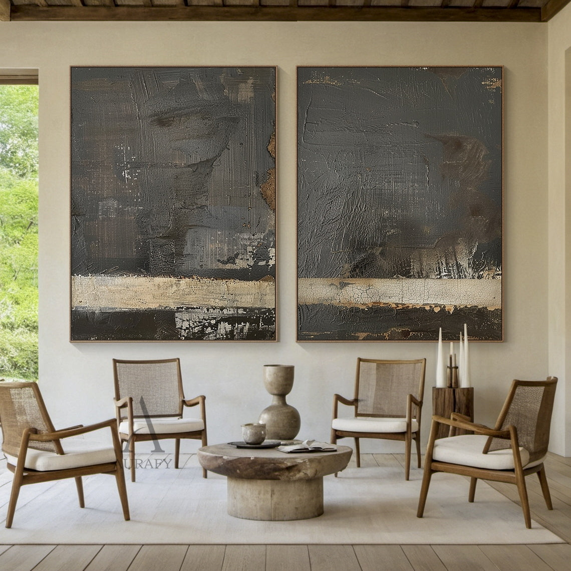 2 piece Wabi Sabi black abstract hand painted impasto canvas wall art set, diptych featuring deep charcoal black textured thick knife stroke base, weathered cracked muted beige horizontal strip with subtle aged brown flecks, hung above reclaimed wood dining table in a neutral Japandi style dining space, fits minimalist, rustic modern, earth toned home interiors.