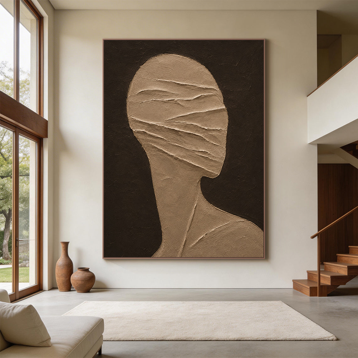 Wabi-Sabi brown 3D textured plaster abstract figure wall art AURA705, with dark deep brown matte textured background, warm taupe stylized head and shoulder side silhouette with no facial features, raised diagonal impasto ridges wrapping across the face area like bandages, hand-applied thick high-relief tactile texture, fits minimalist japandi earthy tone interior decoration.