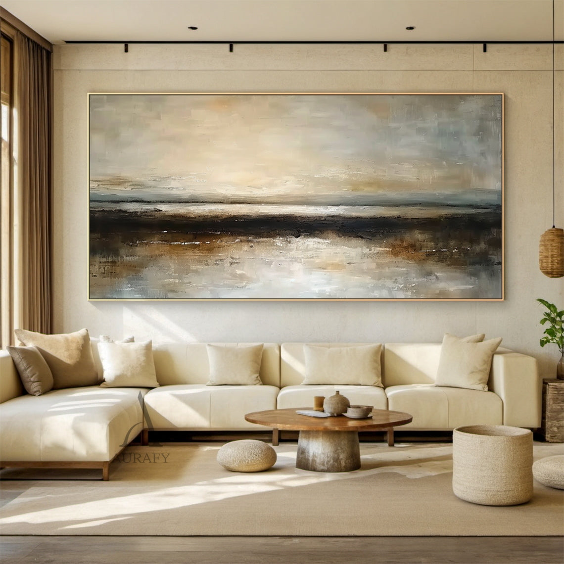 Wabi-Sabi brown abstract landscape impasto canvas artwork AURA742, textured abstract painting of hazy misty shoreline hung in warm wabi-sabi dining area display scene, upper section with soft blended warm beige, sun-kissed gold and pale gray blocks simulating dawn/dusk misty sky, middle textured gray layer with subtle light-reflecting strokes mimicking open water surface, lower deep brown and umber thick impasto blocks as dark shore bank, muted earthy color palette with subtle metallic flecks, complementing
