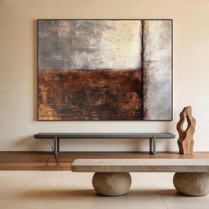 Abstract Wabi-sabi wall art with split composition: left side features warm brown and gold textured brushstrokes, right side soft beige and gray tones, matte finish, handcrafted uneven edges, and horizontal line accent. Ideal for Japandi living room gallery walls, minimalist bedroom decor, bohemian entryway consoles, or neutral-toned home office spaces.  