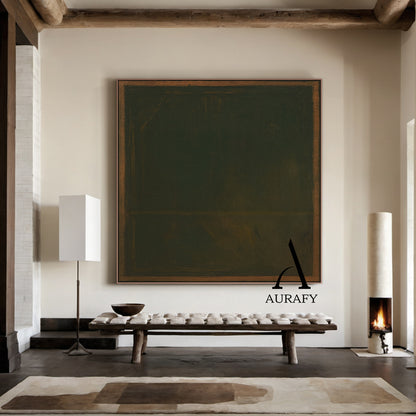 Wabi Sabi Brown Green Textured Art (AURA567) – rough handcrafted light brown border with natural grain, deep green base featuring blurred brown brushstrokes and organic texture, intentional imperfections. Ideal for Japandi living room focal point, minimalist bedroom wall decor, or neutral console table statement piece—serene, tactile Wabi Sabi art by AURAFY.