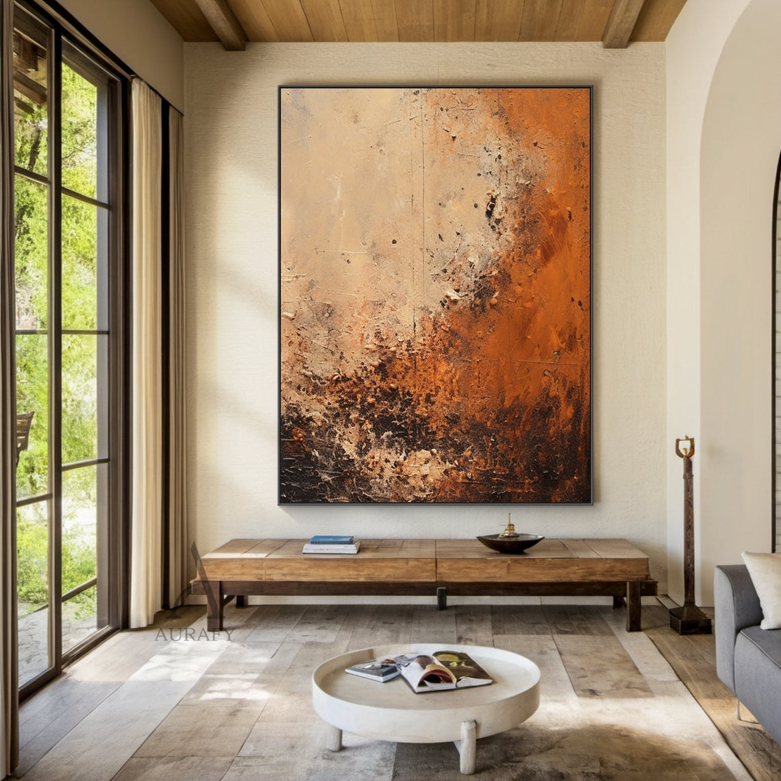 Wabi Sabi Textured Abstract Wall Art, presenting naturally weathered rust-like coarse surface with fine scratch marks, uneven flaking texture and random tiny pits. It adopts low-saturation warm earth color palette, gradiently transitioning from light sand beige and warm gray-brown at the upper left area to burnt ochre, rust red and dark brown at the lower right area, fits Japandi, minimalist, rustic modern home decoration needs.