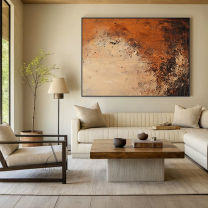 Wabi Sabi Textured Abstract Wall Art, presenting naturally weathered rust-like coarse surface with fine scratch marks, uneven flaking texture and random tiny pits. It adopts low-saturation warm earth color palette, gradiently transitioning from light sand beige and warm gray-brown at the upper left area to burnt ochre, rust red and dark brown at the lower right area, fits Japandi, minimalist, rustic modern home decoration needs.