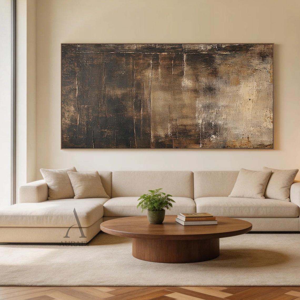 Unique Brown Wabi-Sabi Decor Art (AURA404) - Earthy brown palette (deep espresso, warm sandstone, neutral tones) with tactile 3D layers, rough textured strokes overlapping smooth muted areas, subtle cracks, and raw canvas peeks. Ideal for cozy living room focal points, minimalist bedroom decor, or quiet reading nooks. Serene, soulful Wabi-sabi piece celebrating imperfection and transience.