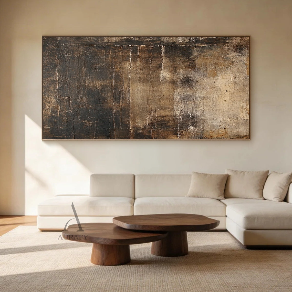 Unique Brown Wabi-Sabi Decor Art (AURA404) - Earthy brown palette (deep espresso, warm sandstone, neutral tones) with tactile 3D layers, rough textured strokes overlapping smooth muted areas, subtle cracks, and raw canvas peeks. Ideal for cozy reading nook focal points, minimalist living room accent walls, or earthy bedroom wall decor. Serene, soulful Wabi-sabi piece celebrating imperfection and transience.