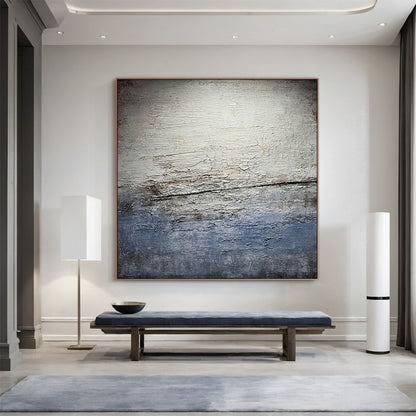 Wabi Sabi Gray Blue Abstract Textured Wall Art AURA225 - Vertical canvas with cracked layered finish in muted grays, soft blues & warm neutrals. Ideal living room wall decor, entryway statement piece or bedroom abstract art. Complements minimalist, contemporary or Scandi decor styles. Adds depth & serenity to modern home interiors. Organic imperfection meets modern elegance for timeless charm.