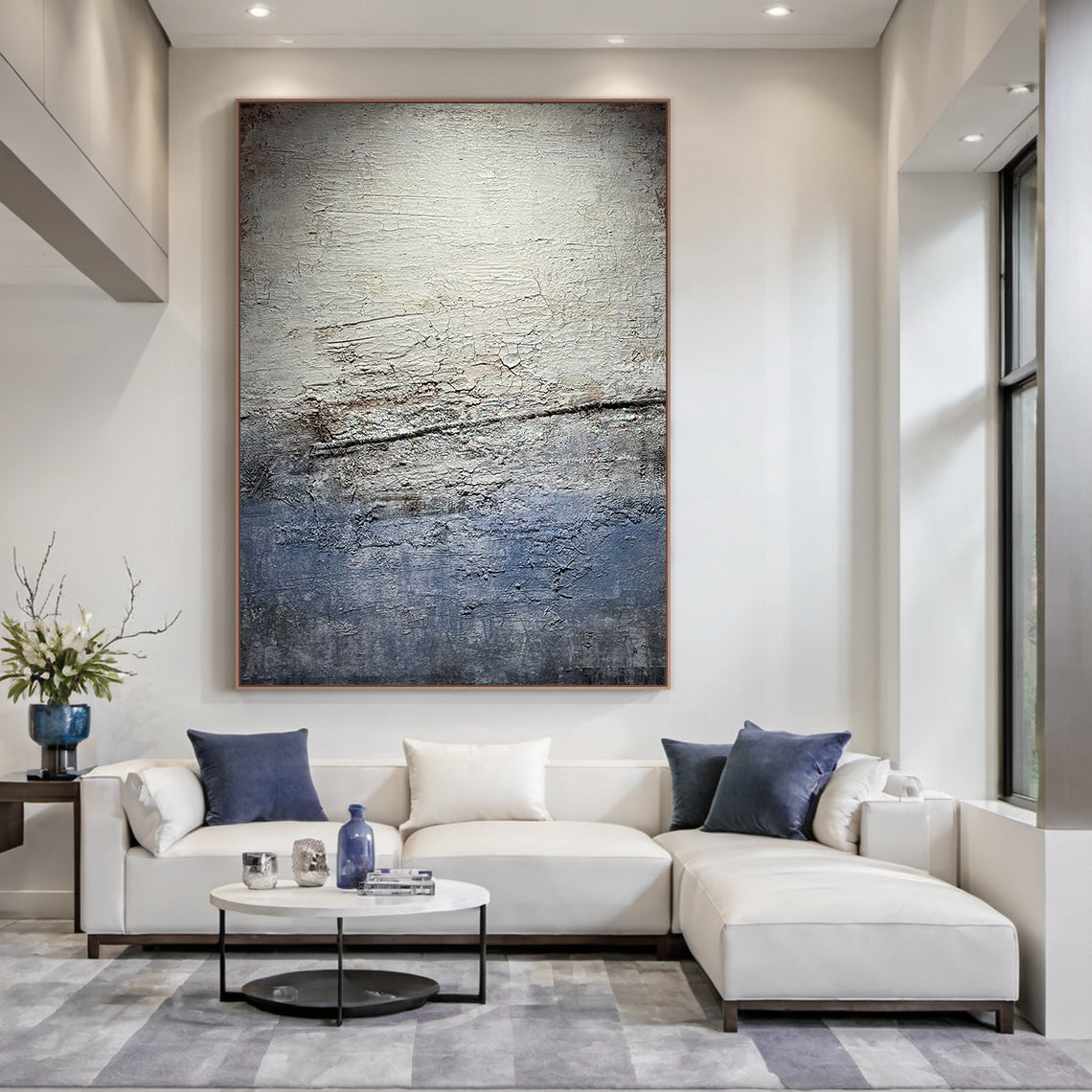 Wabi Sabi Gray Blue Abstract Textured Wall Art AURA225 - Vertical canvas with cracked layered finish in muted grays, soft blues & warm neutrals. Ideal living room wall decor, entryway statement piece or bedroom abstract art. Complements minimalist, contemporary or Scandi decor styles. Adds depth & serenity to modern home interiors. Organic imperfection meets modern elegance for timeless charm.
