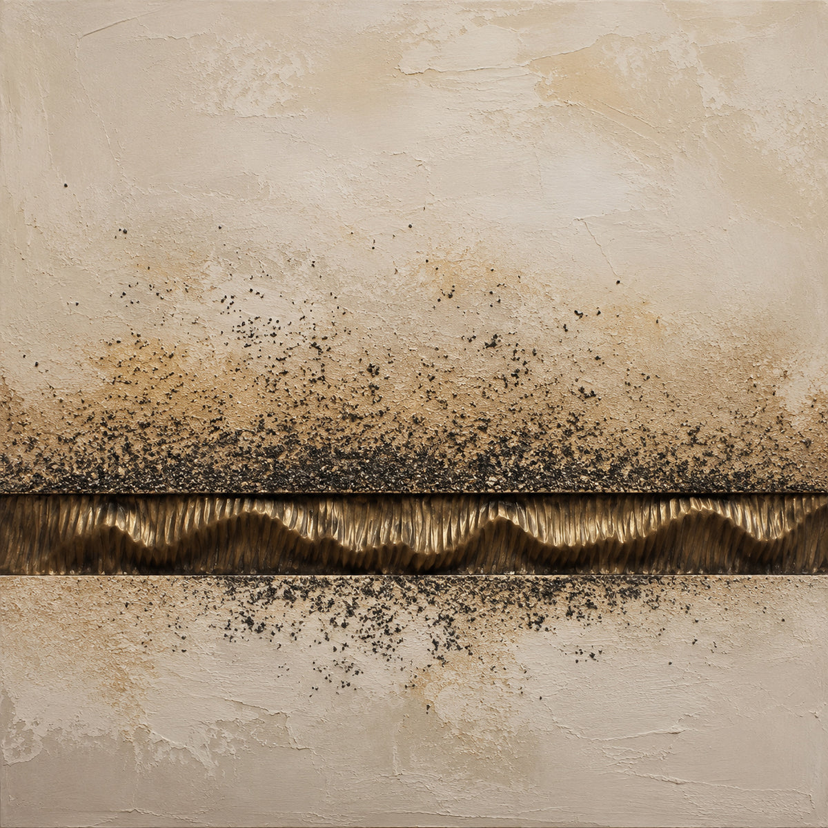 Horizontal 3D textured wabi-sabi abstract canvas wall art hanging scene display for dining area. It features the same signature design: matte beige plaster-style upper and lower base layers with subtle rustic worn texture, gradient dark brown granulated speckles fading from the central area to the neutral beige base, and a raised hand-carved undulating metallic bronze wavy strip in the middle that catches light to present dynamic shifting depth. With a warm neutral earth tone palette, it is mounted on a lig