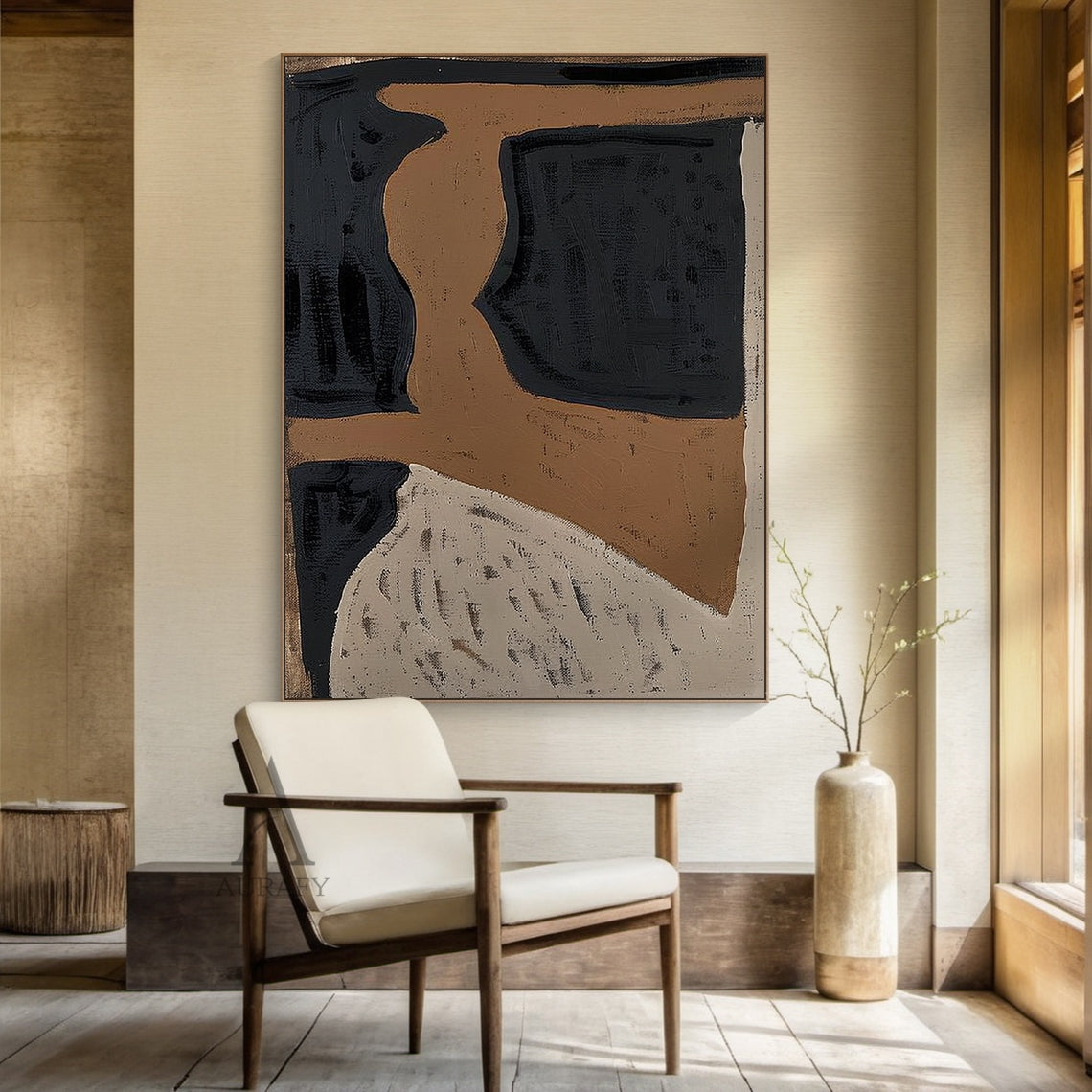 Wabi-Sabi Japandi abstract textured wall art (AURA792). Real scene display of this hand-painted general abstract artwork, which features irregular organic block shapes, muted earthy color palette of warm deep brown, matte inky black and soft weathered off-white, with visible thick impasto brush strokes, grainy textured finish that delivers rustic handcrafted feel. This neutral minimalist abstract art fits modern organic, quiet luxury, mid-century modern living rooms, bedrooms, entryways and other neutral ea
