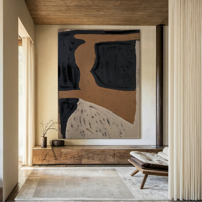 Wabi-Sabi Japandi abstract textured wall art (AURA792). Hand-painted general abstract artwork features irregular organic block shapes, muted earthy color palette of warm deep brown, matte inky black and soft weathered off-white, with visible thick impasto brush strokes, grainy textured finish that delivers rustic handcrafted feel. This neutral minimalist abstract art fits modern organic, quiet luxury, mid-century modern and other neutral earthy tone interior decor scenarios.