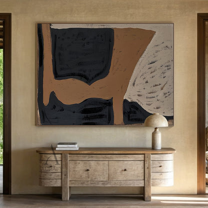 Wabi-Sabi Japandi abstract textured wall art (AURA792). Hand-painted general abstract artwork features irregular organic block shapes, muted earthy color palette of warm deep brown, matte inky black and soft weathered off-white, with visible thick impasto brush strokes, grainy textured finish that delivers rustic handcrafted feel. This neutral minimalist abstract art fits modern organic, quiet luxury, mid-century modern and other neutral earthy tone interior decor scenarios.