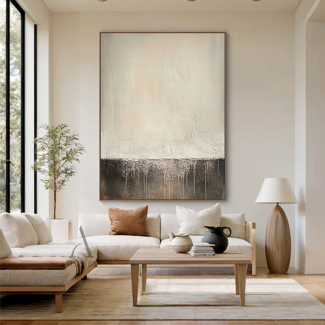 Japandi style contemporary abstract wall art, living room wall mounted scene display: classic horizontal layered composition, upper light beige section with subtle knife stroke texture, middle thick impasto raised rough white layer, bottom deep black area with natural vertical white paint drip lines, neutral beige black white color palette, Wabi-sabi inspired tactile artwork AURA644
