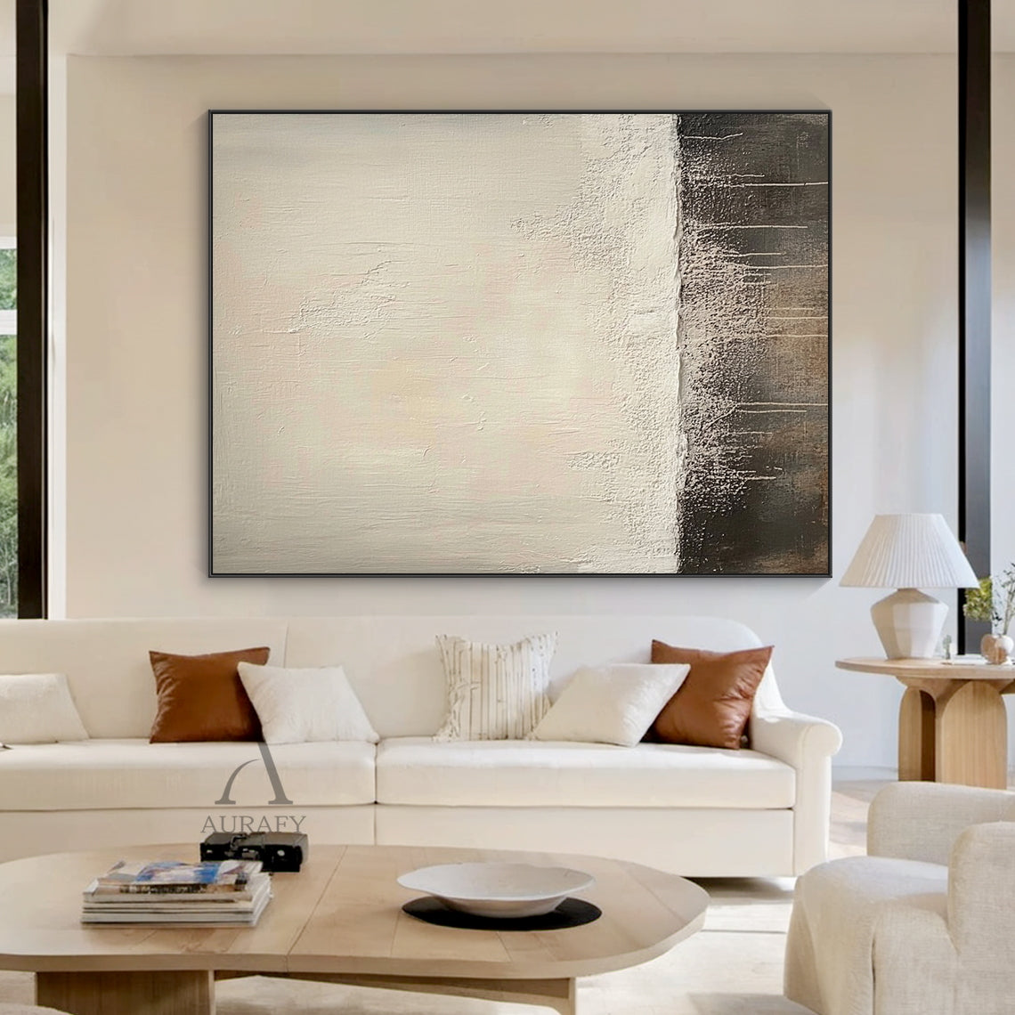 Japandi style contemporary abstract wall art, living room wall mounted scene display: classic horizontal layered composition, upper light beige section with subtle knife stroke texture, middle thick impasto raised rough white layer, bottom deep black area with natural vertical white paint drip lines, neutral beige black white color palette, Wabi-sabi inspired tactile artwork AURA644