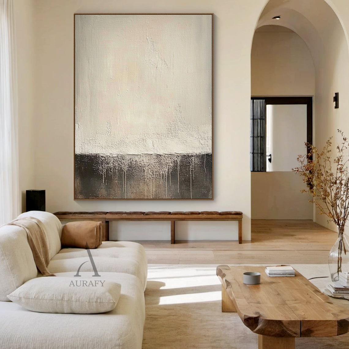 Japandi style contemporary abstract wall art, dining room accent wall mounted scene display: classic horizontal layered composition, upper light beige section with subtle knife stroke texture, middle thick impasto raised rough white layer, bottom deep black area with natural vertical white paint drip lines, neutral beige black white color palette, Wabi-sabi inspired tactile artwork AURA644