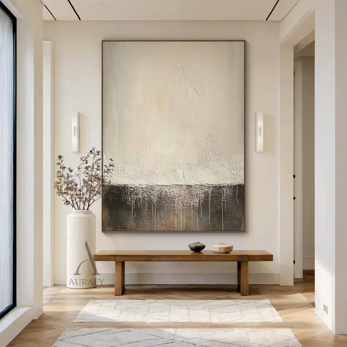 Japandi style contemporary abstract wall art, horizontal layered composition: upper light beige section with subtle knife stroke texture, middle thick impasto raised rough white layer, bottom deep black area with natural white paint drip vertical lines, neutral beige black white color palette, Wabi-sabi inspired tactile artwork AURA644