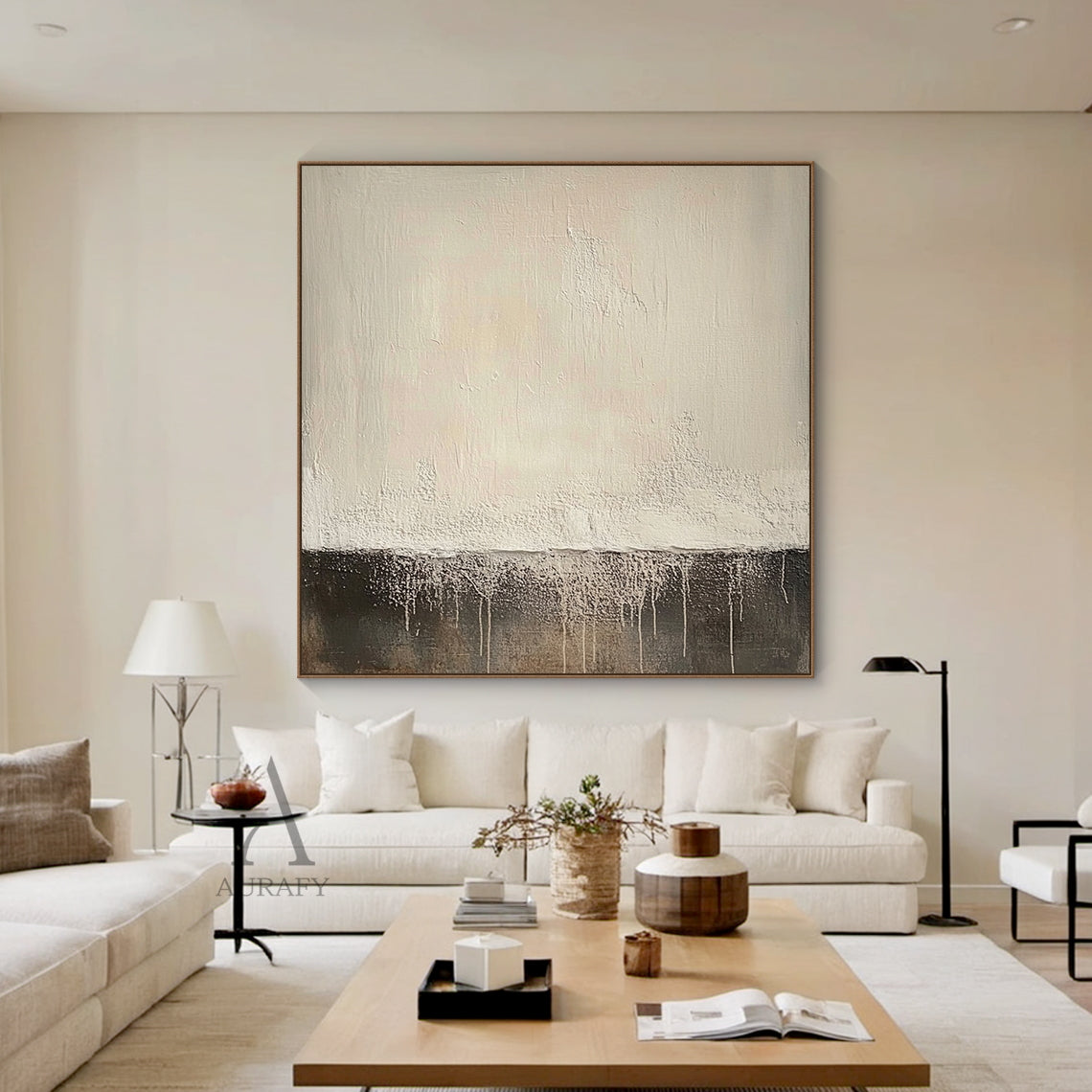 Japandi style contemporary abstract wall art, horizontal layered composition: upper light beige section with subtle knife stroke texture, middle thick impasto raised rough white layer, bottom deep black area with natural white paint drip vertical lines, neutral beige black white color palette, Wabi-sabi inspired tactile artwork AURA644