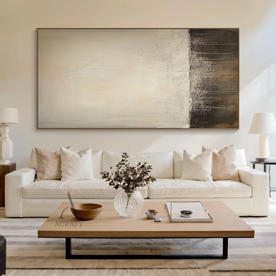 Japandi style contemporary abstract wall art, horizontal layered composition: upper light beige section with subtle knife stroke texture, middle thick impasto raised rough white layer, bottom deep black area with natural white paint drip vertical lines, neutral beige black white color palette, Wabi-sabi inspired tactile artwork AURA644