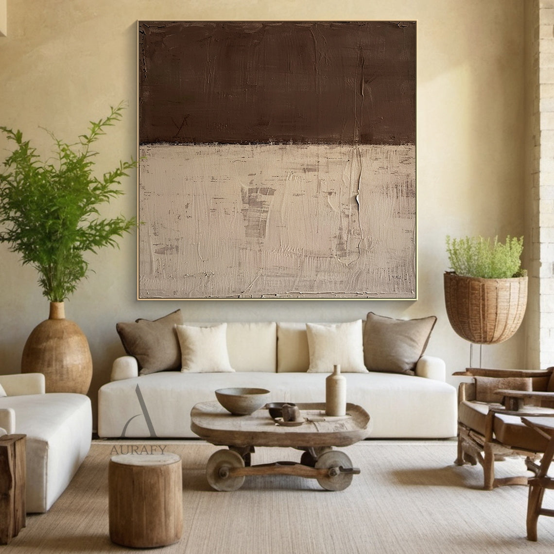 Hand-painted wabi-sabi abstract canvas painting, horizontal two-tone earth tone color blocking design: upper area is low-saturation deep brown with vertical knife-scraped textured traces, lower area is soft muted beige with worn mottled impasto texture, natural paint drip detail on the right side, rough raw edge between two color blocks, minimalist general abstract artwork fits Japandi, neutral minimalist interior decoration.