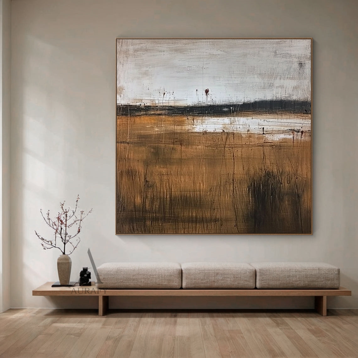 Handcrafted wabi sabi Japandi beige abstract textured canvas wall art, with hand-applied impasto finish mimicking weathered aged plaster. Its upper section is warm light apricot beige, lower section is cool pale greyish off-white, divided by a rough dark charcoal horizontal line, covered with natural random fine cracks, uneven granular textures and mottled distressed details, minimalist neutral composition fits various home decor styles.
