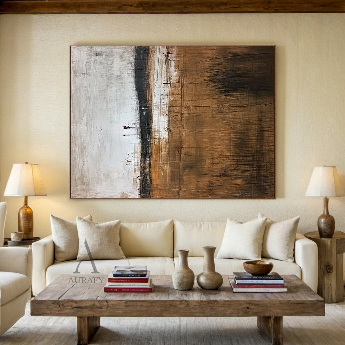 Handcrafted wabi sabi Japandi beige abstract textured canvas wall art, with hand-applied impasto finish mimicking weathered aged plaster. Its upper section is warm light apricot beige, lower section is cool pale greyish off-white, divided by a rough dark charcoal horizontal line, covered with natural random fine cracks, uneven granular textures and mottled distressed details, minimalist neutral composition fits various home decor styles.