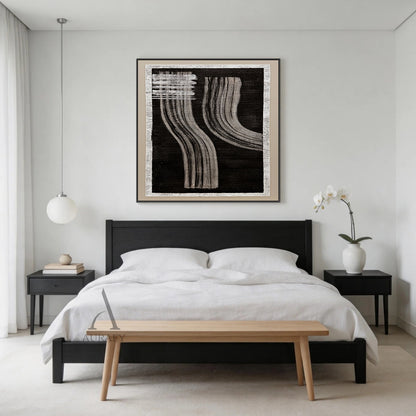 Wabi-Sabi black gray abstract textured wall art displayed in neutral Japandi home scene, handcrafted on rough woven canvas with raw off-white frayed border. Boasts deep black backdrop, horizontal gray brush stroke blocks at upper left, two groups of soft flowing curved gray draping linear strokes with natural hand-painted texture, minimalist monochrome Japandi artwork ideal for living room, bedroom and entryway neutral interior decor.