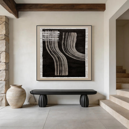 Wabi-Sabi black gray abstract textured wall art, handcrafted on rough woven canvas with raw off-white frayed border. Features deep black backdrop, horizontal gray brush stroke blocks at upper left, two groups of soft flowing curved gray draping linear strokes with natural hand-painted texture, minimalist Japandi monochrome artwork for neutral home interior decor.