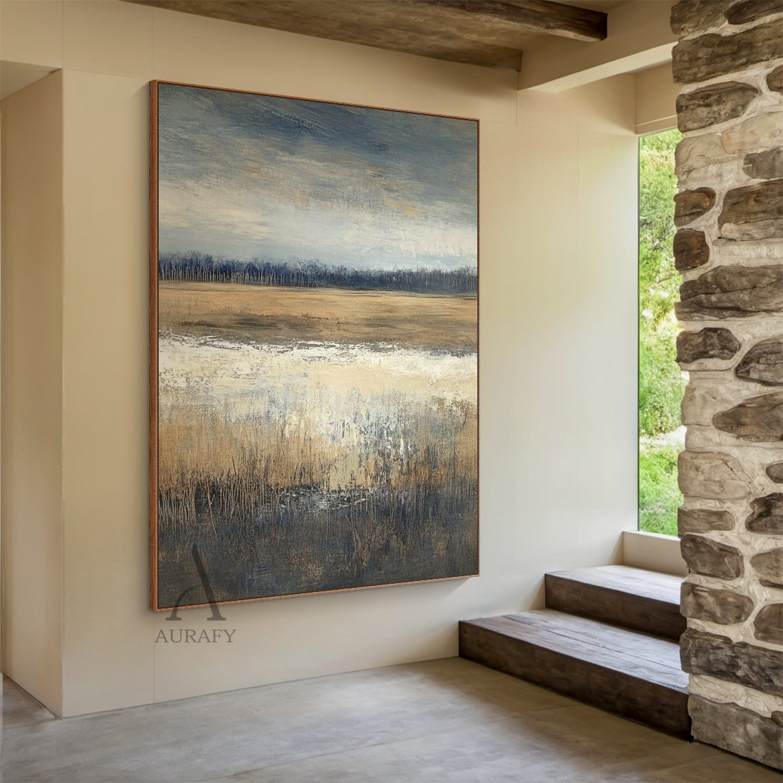 Wabi-Sabi Japandi minimalist abstract hand-painted canvas wall art, real home hanging scene display mounted on a light beige living room wall, featuring thick impasto oil paint texture, asymmetrical soft-edged block composition: solid black block at upper left, creamy off-white block at upper right with a narrow warm tan strip under it, large light beige block at lower left, deep burnt brown block at lower right with natural paint drip details at the bottom, muted earthy color palette with light gray backgr