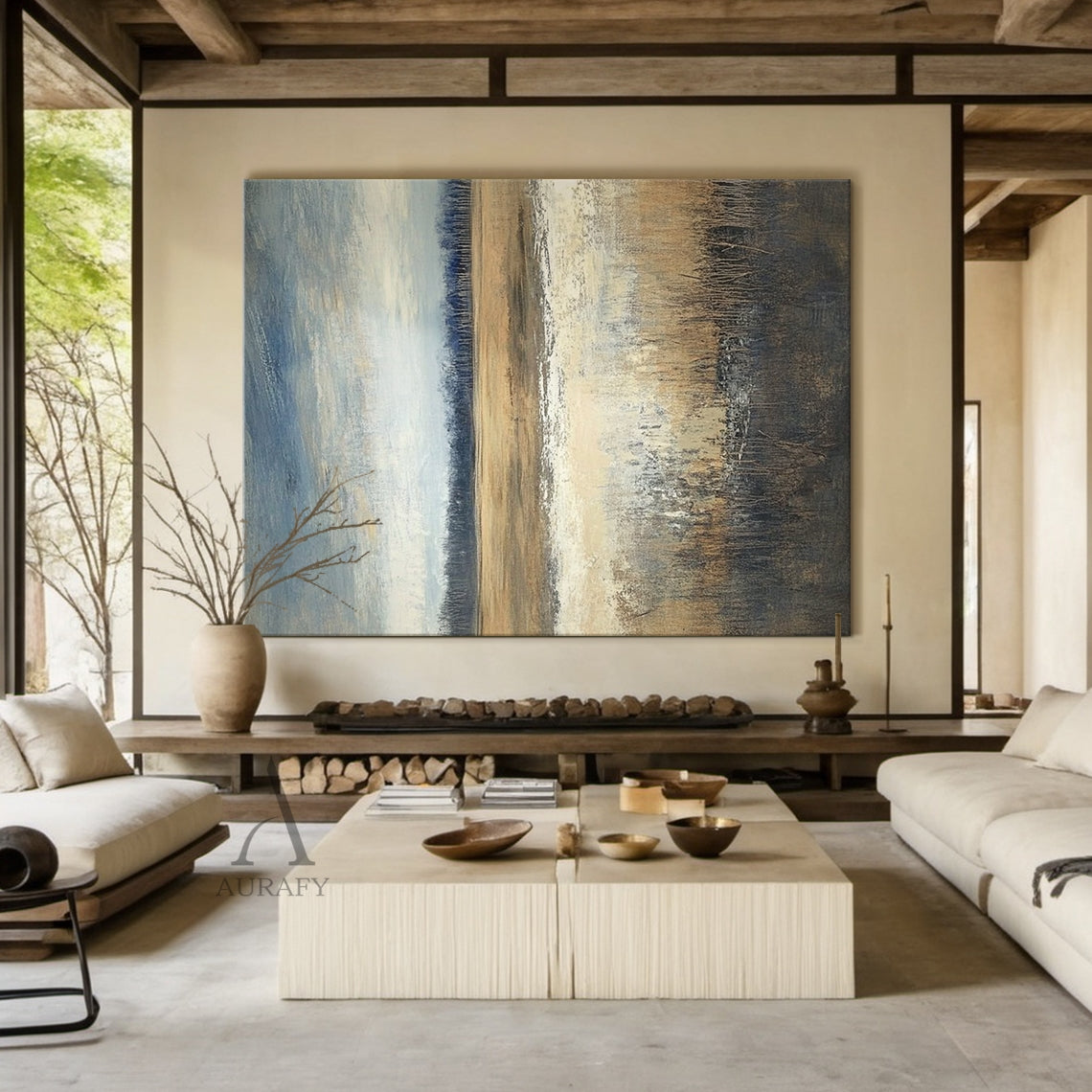 Wabi-Sabi Japandi minimalist abstract hand-painted canvas wall art, featuring thick impasto oil paint texture, asymmetrical soft-edged block composition: solid black block at upper left, creamy off-white block at upper right with a narrow warm tan strip under it, large light beige block at lower left, deep burnt brown block at lower right with natural paint drip details at the bottom, muted earthy color palette with light gray background edges, ideal for neutral home decor.
