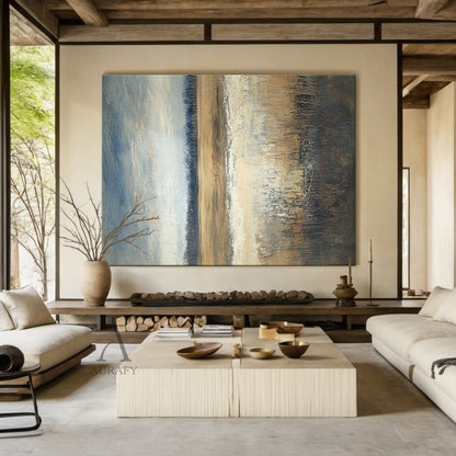 Wabi-Sabi Japandi minimalist abstract hand-painted canvas wall art, featuring thick impasto oil paint texture, asymmetrical soft-edged block composition: solid black block at upper left, creamy off-white block at upper right with a narrow warm tan strip under it, large light beige block at lower left, deep burnt brown block at lower right with natural paint drip details at the bottom, muted earthy color palette with light gray background edges, ideal for neutral home decor.