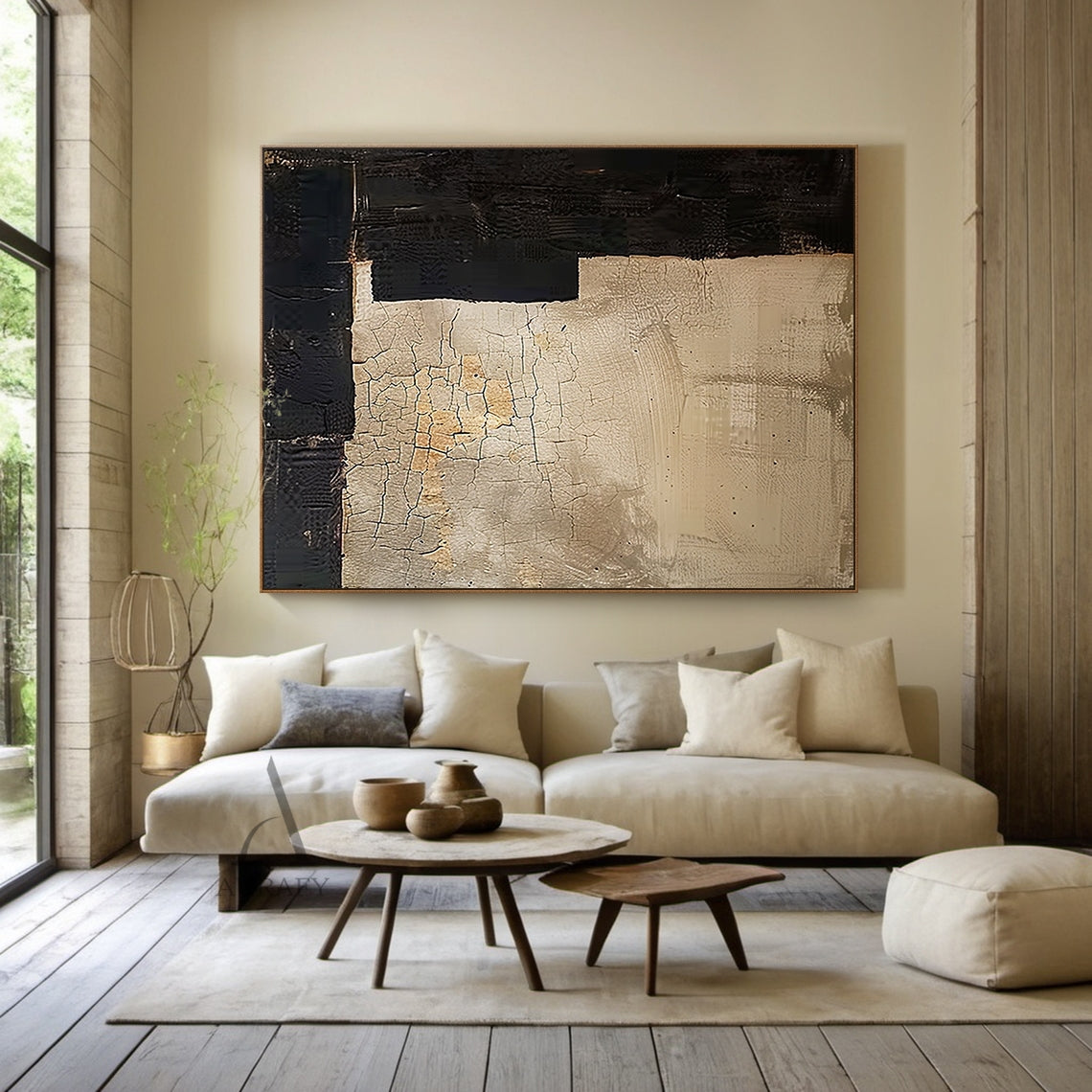 Wabi Sabi Japandi minimalist abstract canvas wall art, asymmetric geometric design with large warm muted beige main field marked with natural weathered craquelure cracked texture, subtle warm tan undertones peeking through the plaster-like surface, bold matte black textured geometric blocks framing the left edge and bottom border, neutral tone tactile abstract wall decor for modern calm interiors.