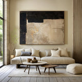 Beige & Black Wabi Sabi Geometric Abstract Wall Art | Cracked Plaster Japandi Canvas | AURA809