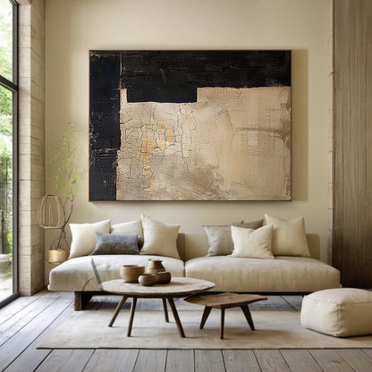 Wabi Sabi Japandi minimalist abstract canvas wall art, asymmetric geometric design with large warm muted beige main field marked with natural weathered craquelure cracked texture, subtle warm tan undertones peeking through the plaster-like surface, bold matte black textured geometric blocks framing the left edge and bottom border, neutral tone tactile abstract wall decor for modern calm interiors.