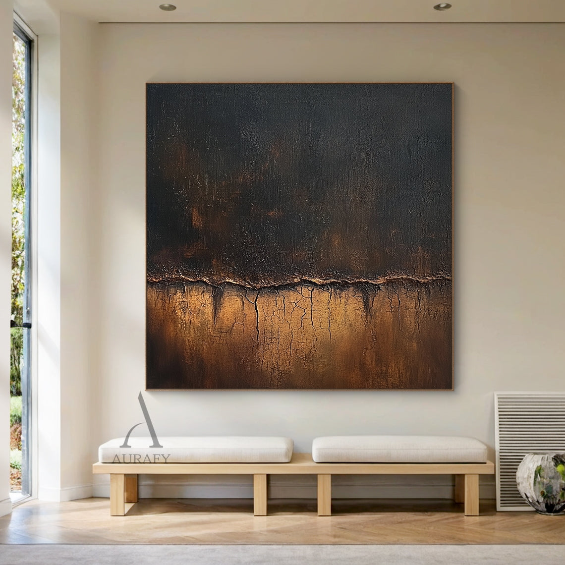 Wabi-sabi Japandi neutral abstract canvas wall art, hand-painted with subtle textured surface, composed of soft-edged geometric blocks in muted earth tones: pale off-white border, creamy beige, taupe, warm reddish brown, light tan, deep near-black dark brown, separated by rough organic hand-drawn dividing lines, visible paint and canvas texture, minimalist abstract artwork for understated neutral home decor.