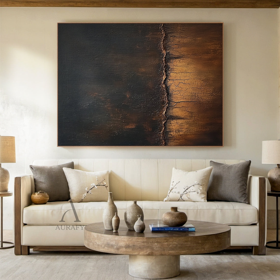 Wabi-sabi Japandi neutral abstract canvas wall art, hand-painted with subtle textured surface, composed of soft-edged geometric blocks in muted earth tones: pale off-white border, creamy beige, taupe, warm reddish brown, light tan, deep near-black dark brown, separated by rough organic hand-drawn dividing lines, visible paint and canvas texture, minimalist abstract artwork for understated neutral home decor.