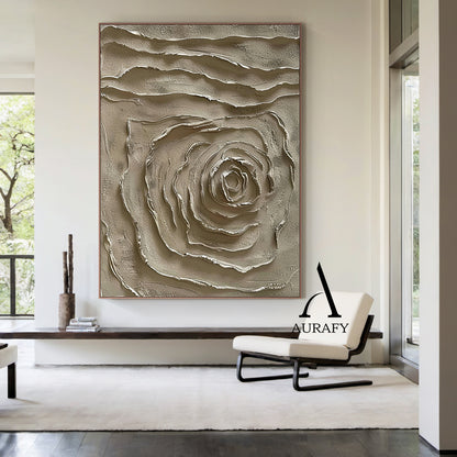 Handcrafted 3D textured plaster painting in muted warm brown earth tone, features raised impasto spiral abstract rose motif at lower half and horizontal wavy layered textured bands on upper section, matte tactile high-relief wabi-sabi japandi minimalist wall art, AURA538 by Aurafy