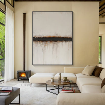 Wabi-sabi plaster textured abstract yellow brown minimalist landscape knife painted canvas wall art AURA802. Shown hung on a soft matte off-white wall as part of a Japandi style dining space display, it retains the signature horizontal banded composition: upper warm yellow to ochre gradient abstract sky with subtle brush and scratch texture, thin dark brown horizon line, middle pale off-white textured section mimicking calm reflective water, bottom thick impasto earthy brown, ochre, terracotta textured near