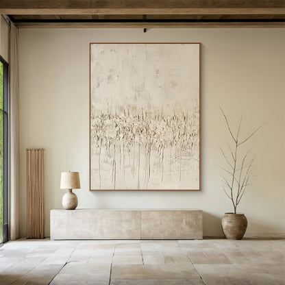 Vertical Wabi Sabi Abstract Art (AURA205) with 3D tactile plaster texture—thick impasto strokes, natural drips, and rough organic texture in neutral beige, off-white, and light brown tones. Displayed in a serene Scandinavian living room with a light wood coffee table, soft knit throw, potted fiddle leaf fig, and neutral-toned linen sofa, embodying the calm, understated Wabi Sabi aesthetics.