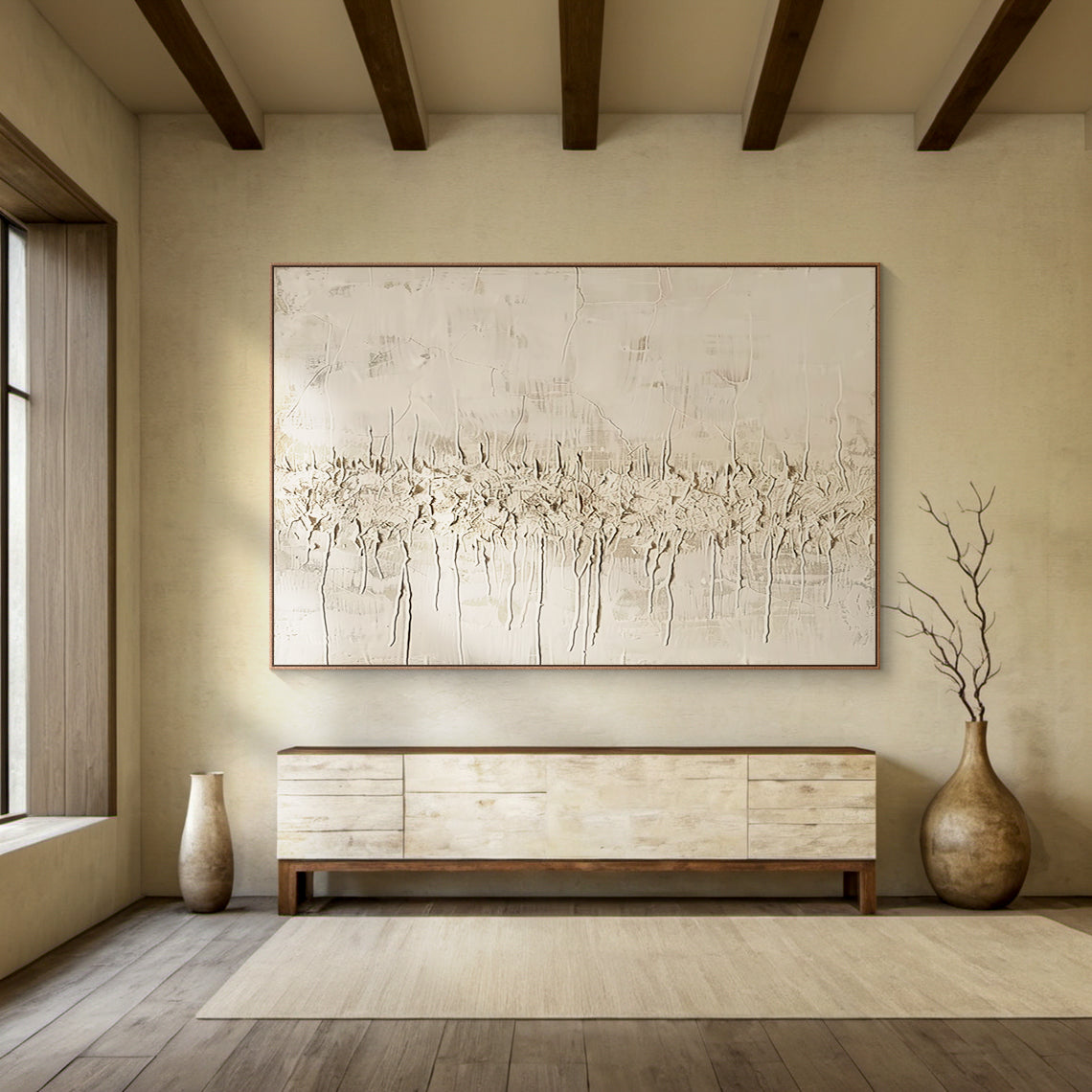 Vertical Wabi Sabi Abstract Art (AURA205) with 3D tactile plaster texture—thick impasto strokes, natural drips, and rough organic texture in neutral beige, off-white, and light brown tones. Displayed in a serene Scandinavian living room with a light wood coffee table, soft knit throw, potted fiddle leaf fig, and neutral-toned linen sofa, embodying the calm, understated Wabi Sabi aesthetics.