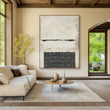 Abstract Black Beige Cracked Plaster Textured Hand-painted Grid Wabi-Sabi Minimalist Modern Art AURA597