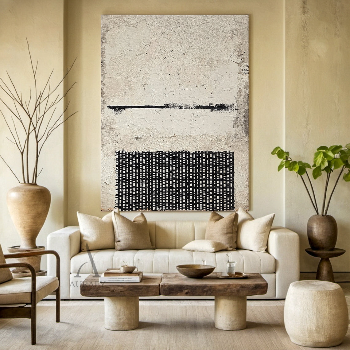 Abstract Black & Beige Hand-painted Artwork: Matte Beige Base with Fine Textural Imperfections, Vertical Black Drip Brushstrokes, Hand-drawn Grid Accents. Wabi-sabi Minimalist Modern Piece for Minimalist Living Room Sofa Side Table, Scandinavian Home Office Shelf, or Bohemian Bedroom Dresser Focal Point. Tactile 3D Surface, Neutral Palette Complementing Earthy Tones & Light Wood Furniture. AURA597.