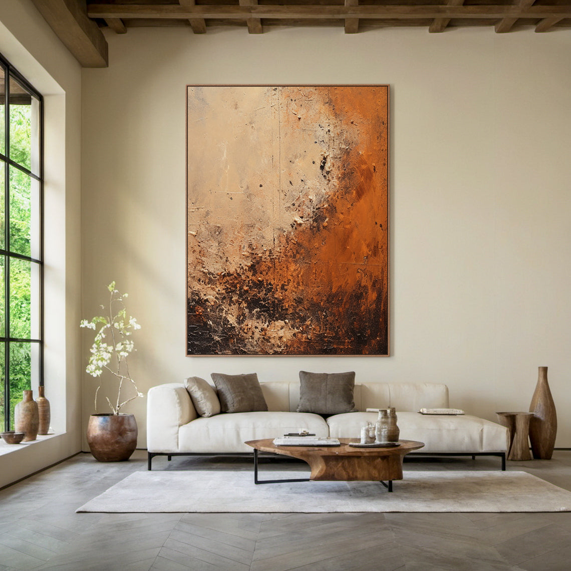 Large General Abstract Black Wabi-Sabi Art Canvas—warm orange, brown, black textured layers with weathered finish—serves as focal point above a low-profile wooden bed in a serene Wabi-sabi bedroom. Complemented by neutral linen bedding, minimalist oak nightstands with ceramic table lamps, soft natural light from floor-to-ceiling windows, jute area rug, light oak flooring, potted succulents on the windowsill, and muted beige walls. Ideal for Wabi-sabi or modern minimalist bedroom decor.