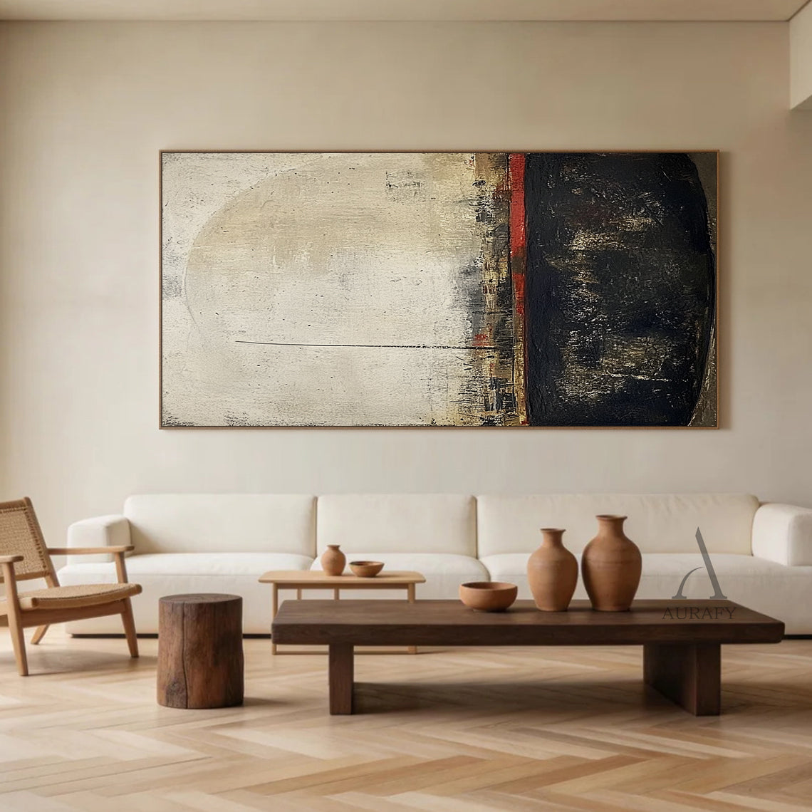 AURA302 Wabi-sabi Minimalist Abstract Artwork: Muted Beige Upper Layer with Weathered Texture, Deep Black Lower Section, and Subtle Earthy Red Accent Line. 3D Impasto Surfaces with Cracked, Tactile Layers. Ideal for Japandi Living Room Decor, Minimalist Home Interior Focal Point or Curated Gallery Wall Piece.