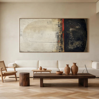 AURA302 Wabi-sabi Minimalist Abstract Artwork: Muted Beige Upper Layer with Weathered Texture, Deep Black Lower Section, and Subtle Earthy Red Accent Line. 3D Impasto Surfaces with Cracked, Tactile Layers. Ideal for Japandi Living Room Decor, Minimalist Home Interior Focal Point or Curated Gallery Wall Piece.
