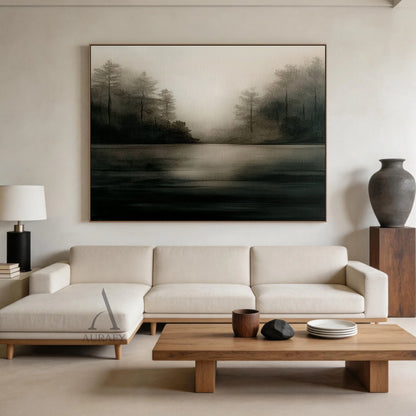 Misty landscape wall art with 3D layered strokes—tall trees frame calm water in muted black, beige, soft gray tones. Wabi-sabi minimalist modern style, ideal for Japandi living room, minimalist console table, or serene bedroom decor. Tactile texture adds depth to tranquil spaces. AURA411